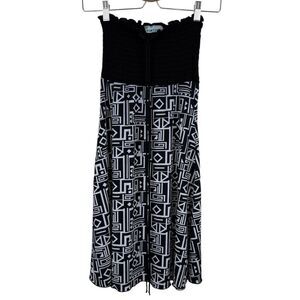 Porto Cruz Black White Smocked Bodice Geometric Strapless Mini Dress Women Sz S